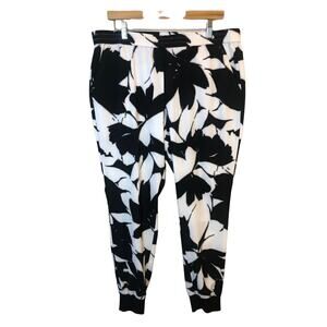 Learners Womens Sz L Black/ White Leaf Print Pull On Pants Jogger‎ Slit Pockets